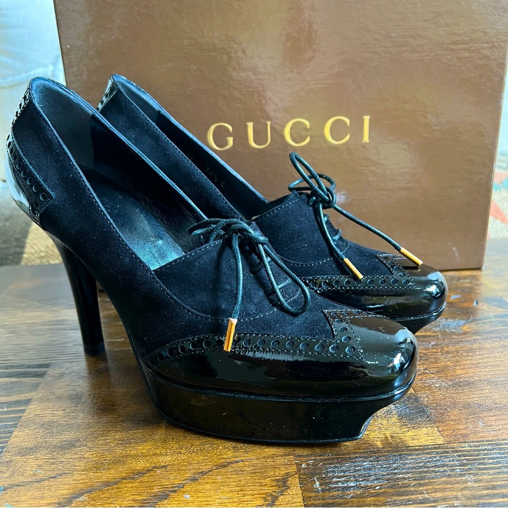 Gucci Oxford Style Platform Pump Heels Black Suede & Patent 36.5 Orgnl Box